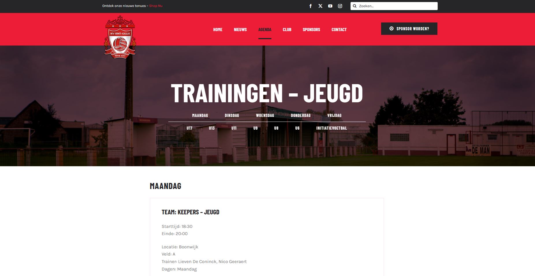 Website pagina met de trainingen op per jeugdploeg